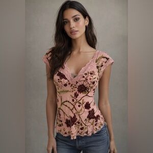 Vintage Jonquil by Diane Samandi Mauve Silk Blouse w/Velvet Floral Print Lace M